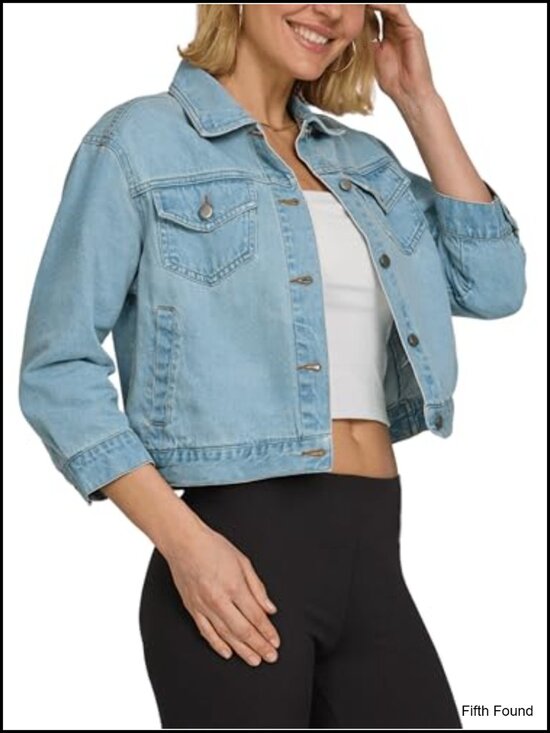Jackets & Blazers - 3/4 Sleeve Cropped Denim Jacket with Pockets Button Front
